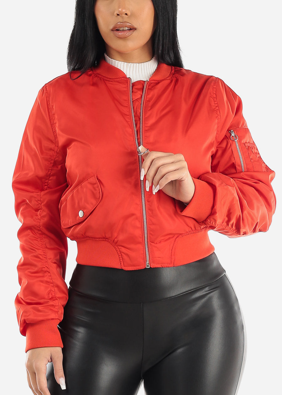 Long Sleeve Zip Up Bomber Jacket Red