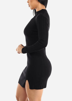 Black Mock Neck Mini Sweater Dress w Side Slit
