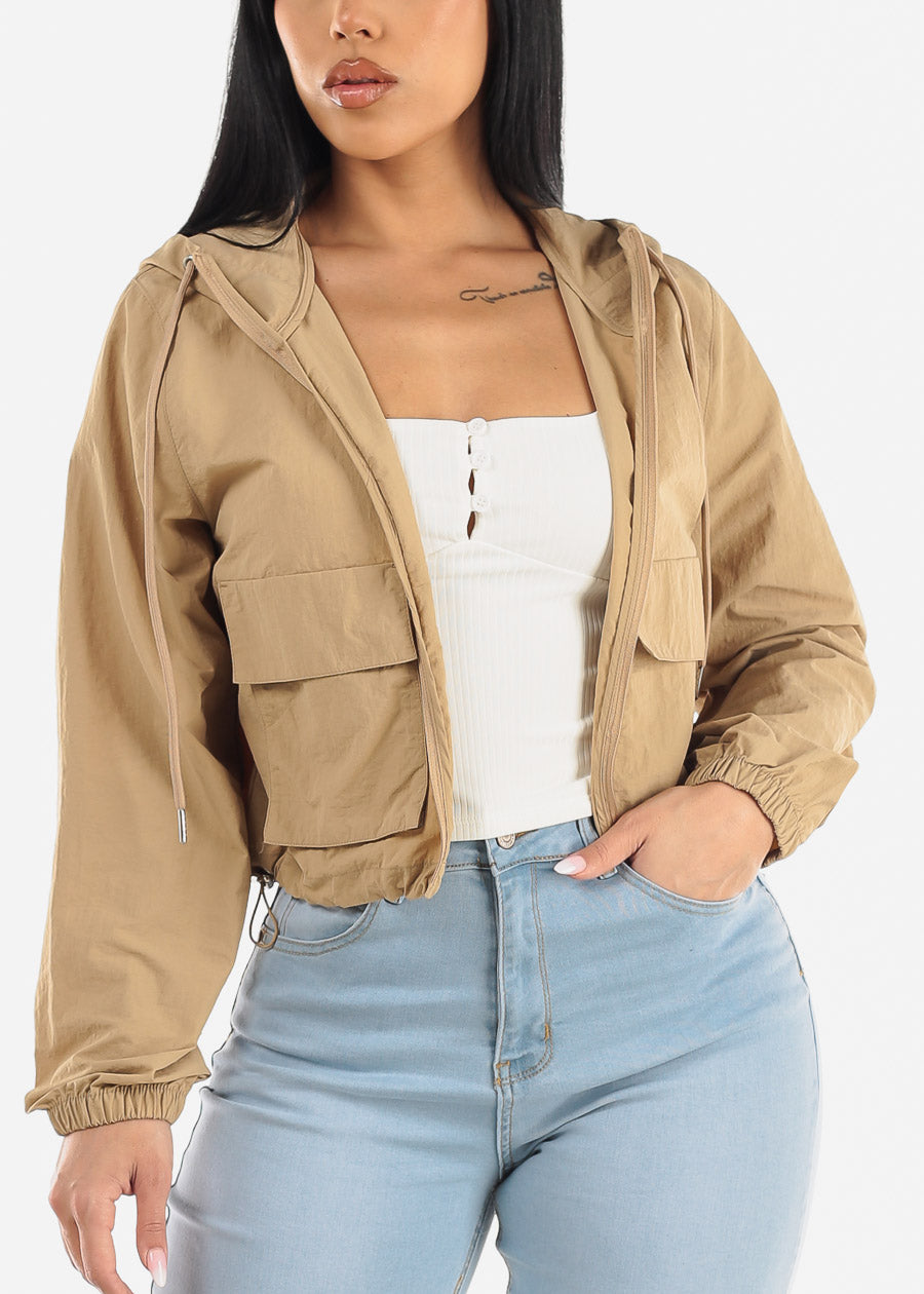 Long Sleeve Lightweight Zip Up Jacket Khaki w Front Pockets