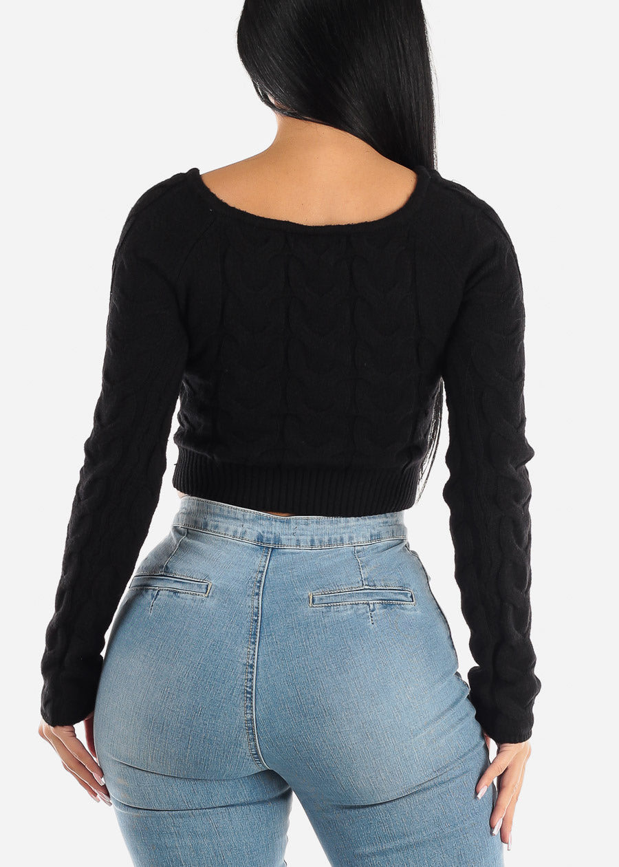 Cropped Cable Knit Black Boat Neck Sweater