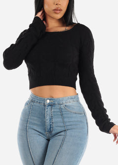 Cropped Cable Knit Black Boat Neck Sweater