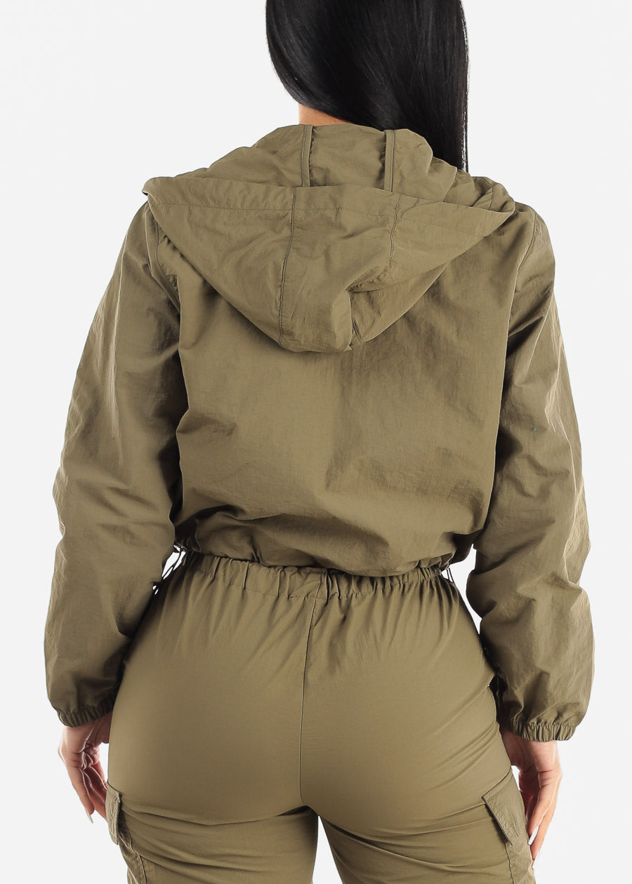 Long Sleeve Lightweight Zip Up Jacket Olive w Front Pockets