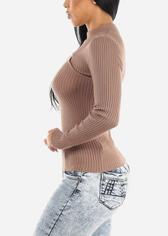Taupe Mock Neck Ribbed Sweater Top w Slit Detail