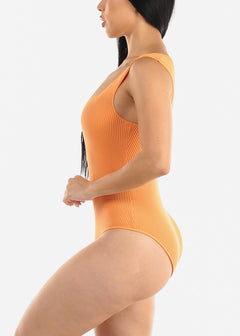 Square Neck Sleeveless Ribbed Bodysuit Orange