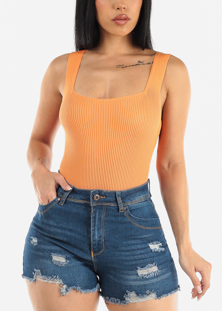 Square Neck Sleeveless Ribbed Bodysuit Orange