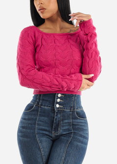 Cropped Cable Knit Boat Neck Sweater Fuchsia