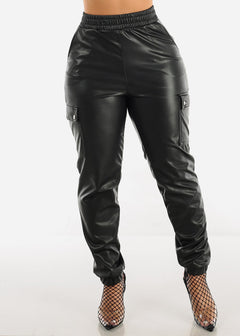 Black Faux Leather Joggers with Fleece
