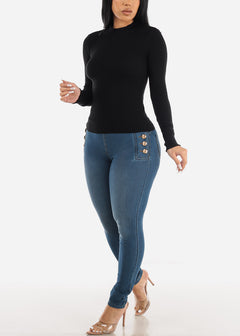Long Sleeve Fitted Ribbed Knit Sweater Black