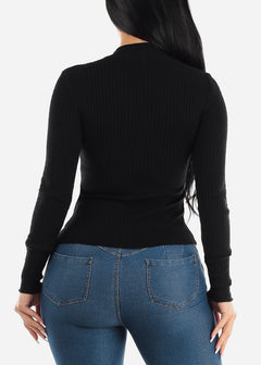 Long Sleeve Fitted Ribbed Knit Sweater Black