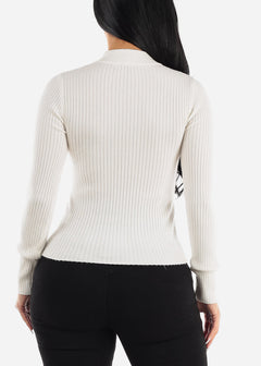 White Mock Neck Ribbed Sweater Top w Slit Detail