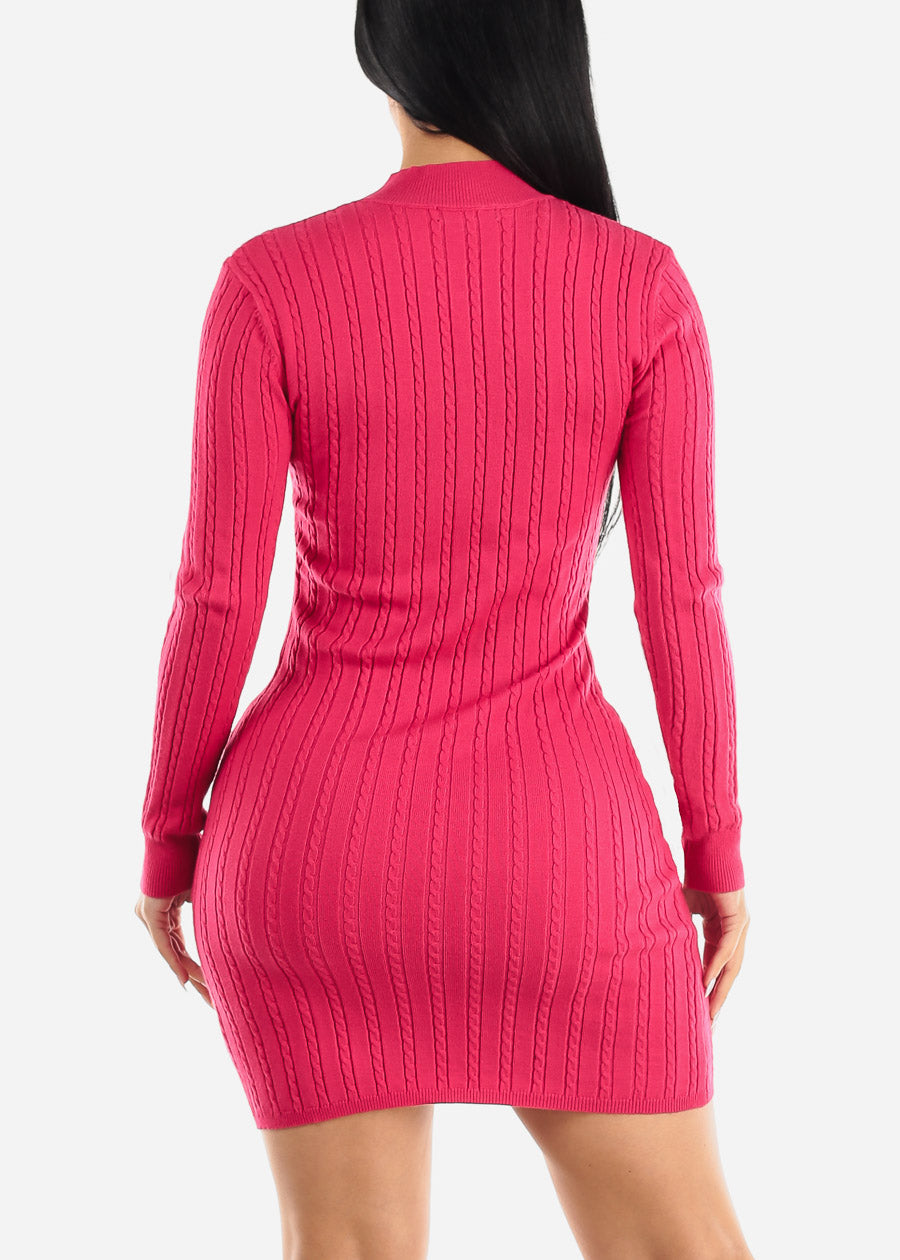 Hot Pink Long Sleeve Sweater Dress - Pink Bodycon Mini Sweater Dress – Moda  Xpress