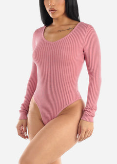 Rib Knit Long Sleeve Vneck Sweater Bodysuit Pink