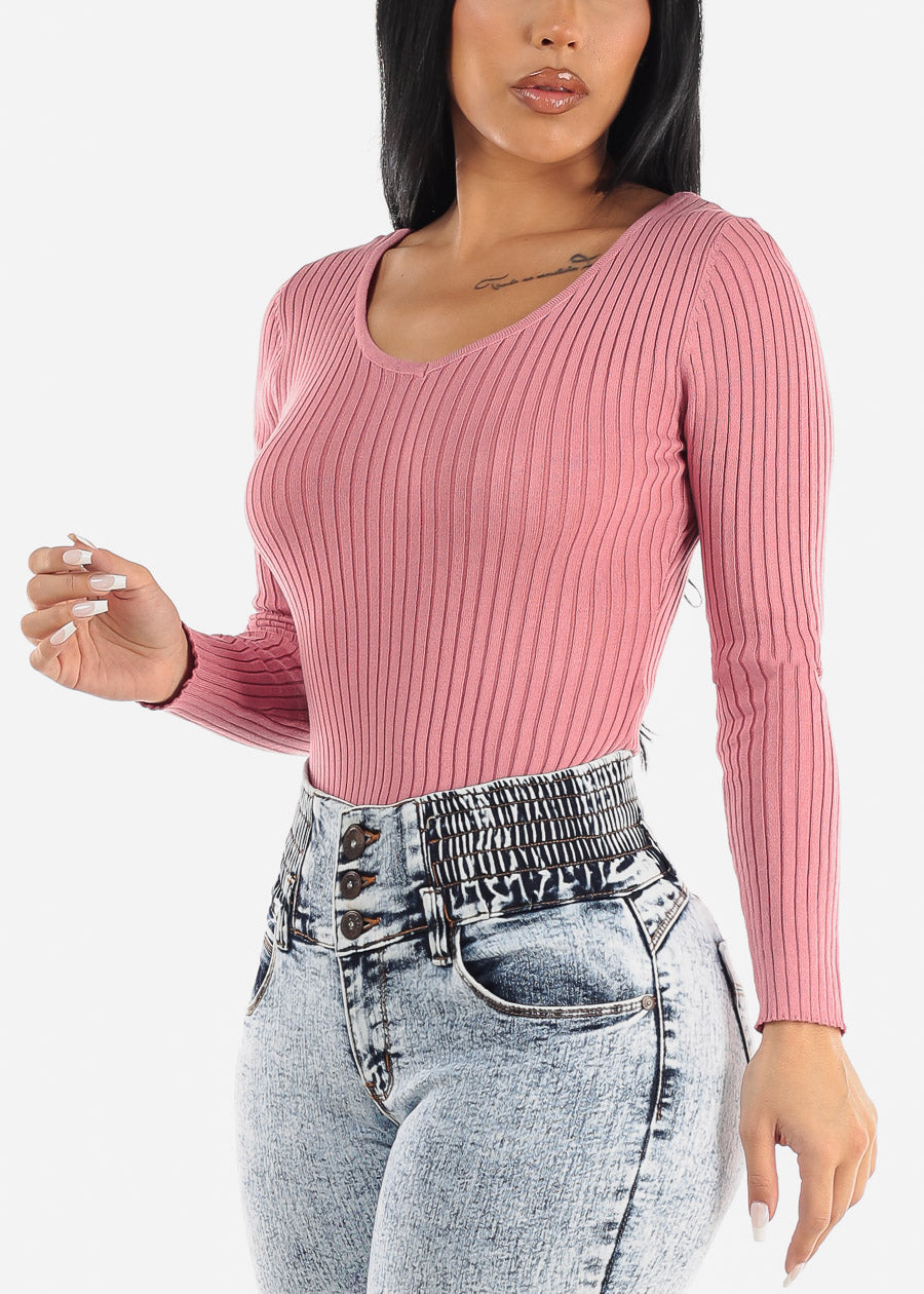 Rib Knit Long Sleeve Vneck Sweater Bodysuit Pink