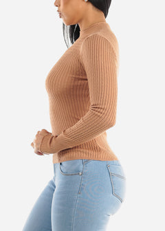 Long Sleeve Fitted Ribbed Knit Sweater Camel