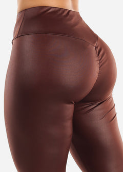 Ruched Butt Brown Pleather Leggings