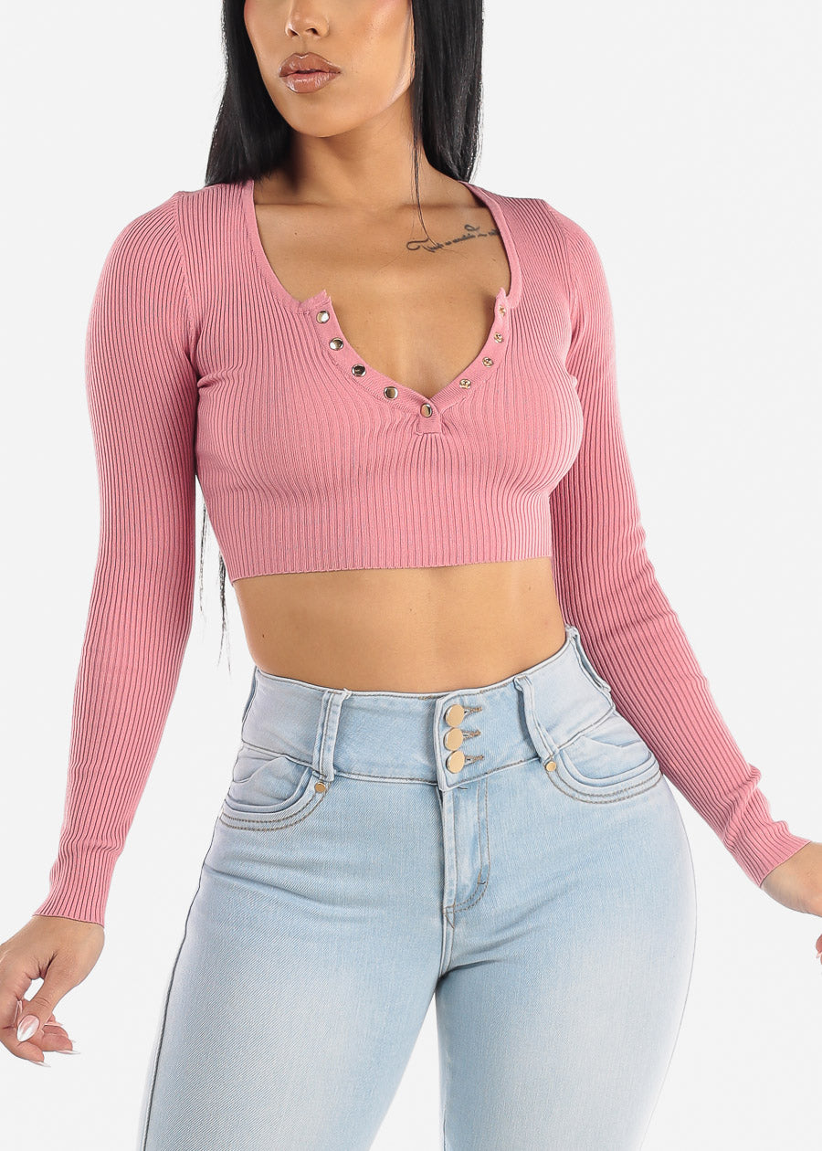 Long Sleeve Cropped Sweater Top Pink