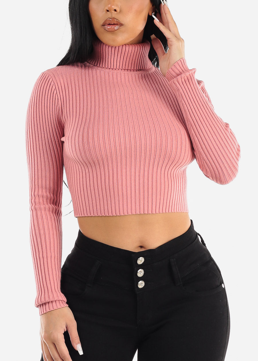 Ribbed Turtleneck Cropped Sweater Pink