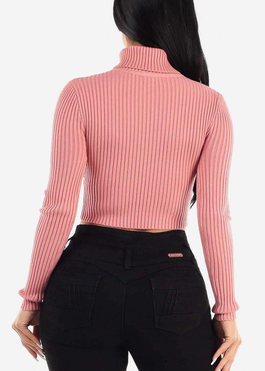 Ribbed Turtleneck Cropped Sweater Pink