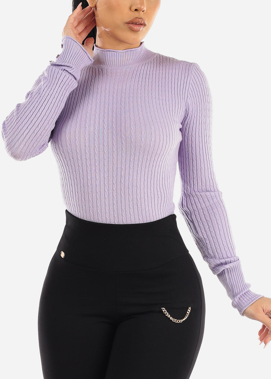 Long Sleeve Fitted Ribbed Knit Sweater Lavender