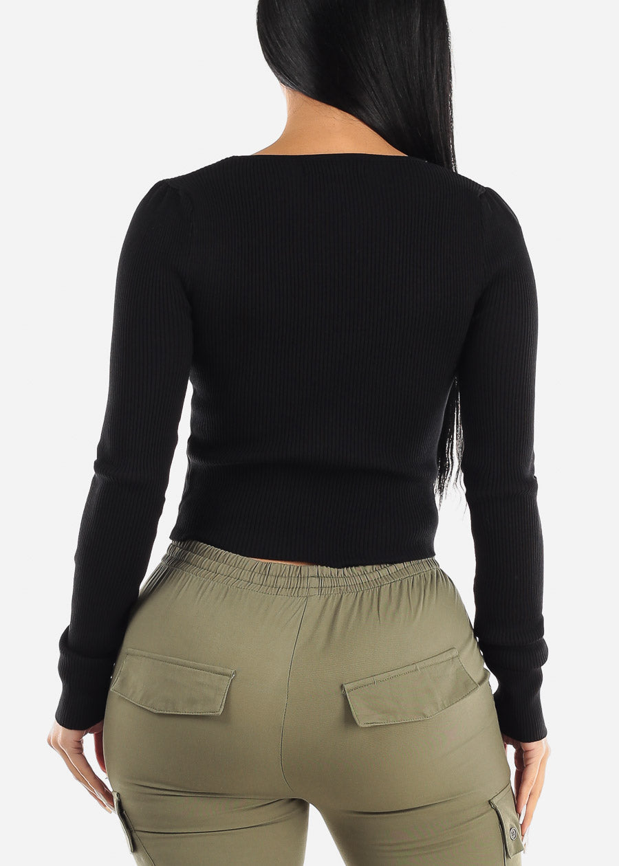 Black Ribbed Long Sleeve Sweater Crop Top