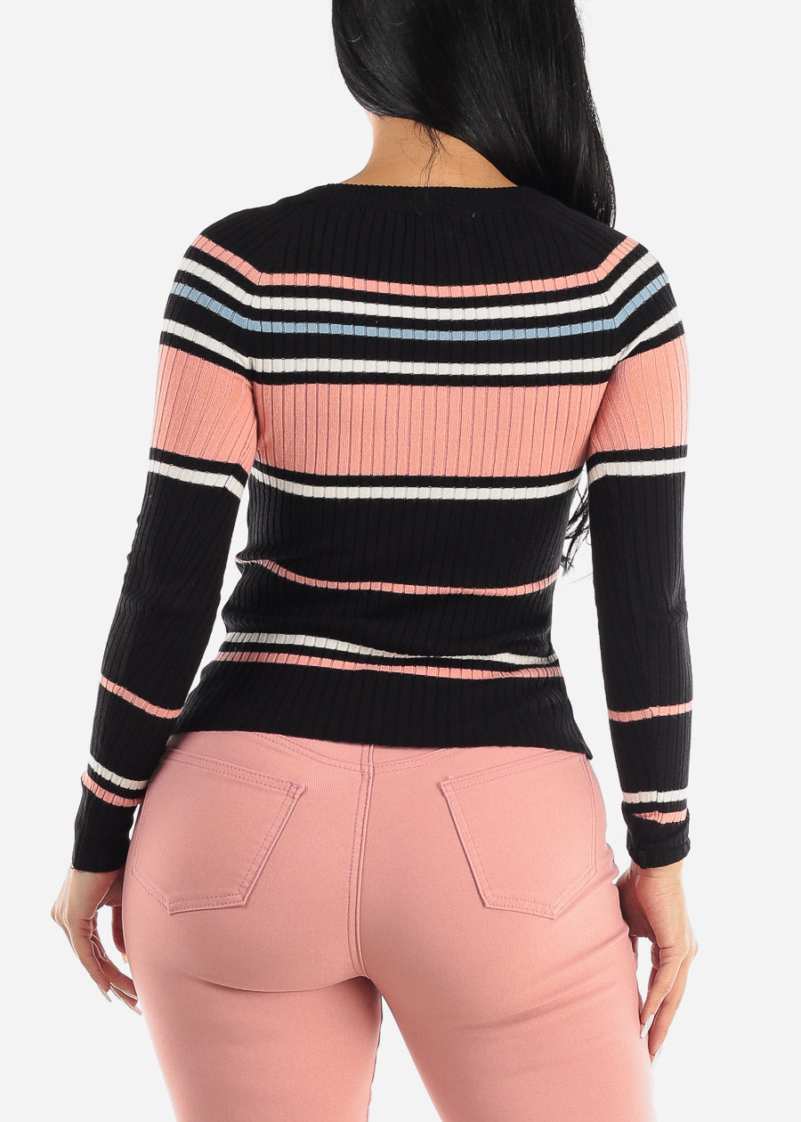 Long Sleeve Multi Stripe Sweater Black & Mauve