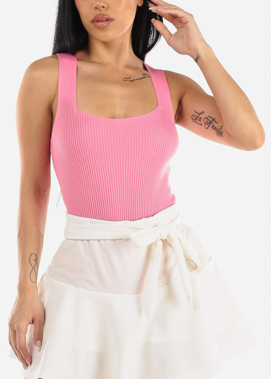 Square Neck Sleeveless Ribbed Bodysuit Pink