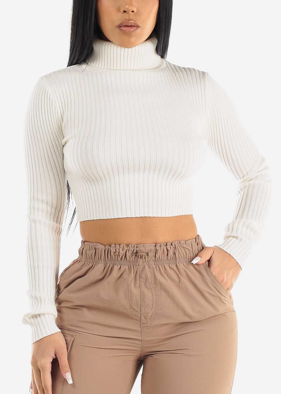 White Ribbed Turtleneck Cropped Sweater