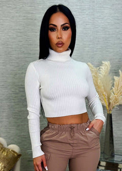 White Ribbed Turtleneck Cropped Sweater