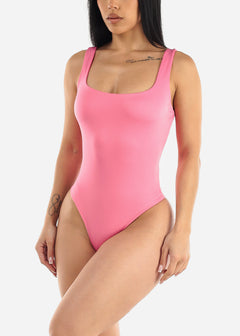 Sleeveless Square Neck Pink Thong Bodysuit