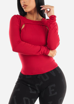 Cut Out Long Sleeve Fitted Top Red