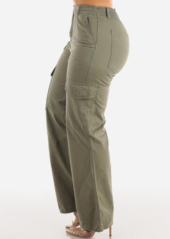 Wide Leg Cotton Twill Olive Cargo Pants