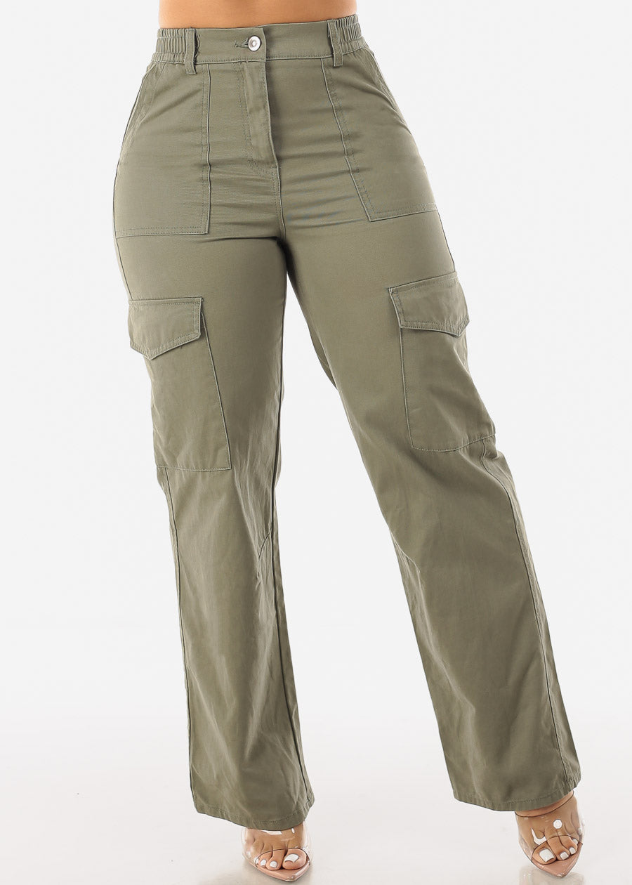 Wide Leg Cotton Twill Olive Cargo Pants