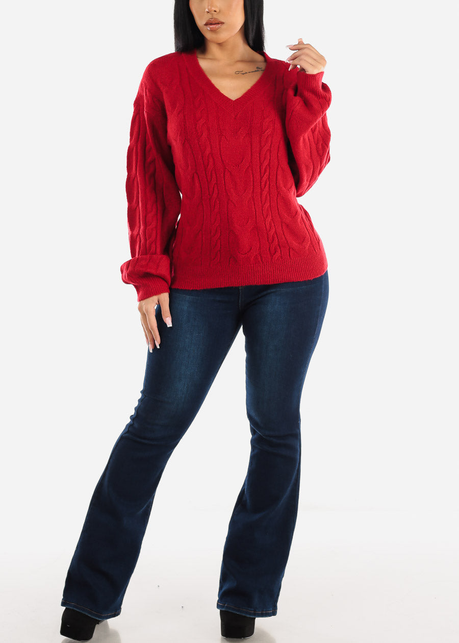 V-Neck Cable Knit Long Sleeve Mossy Sweater Red