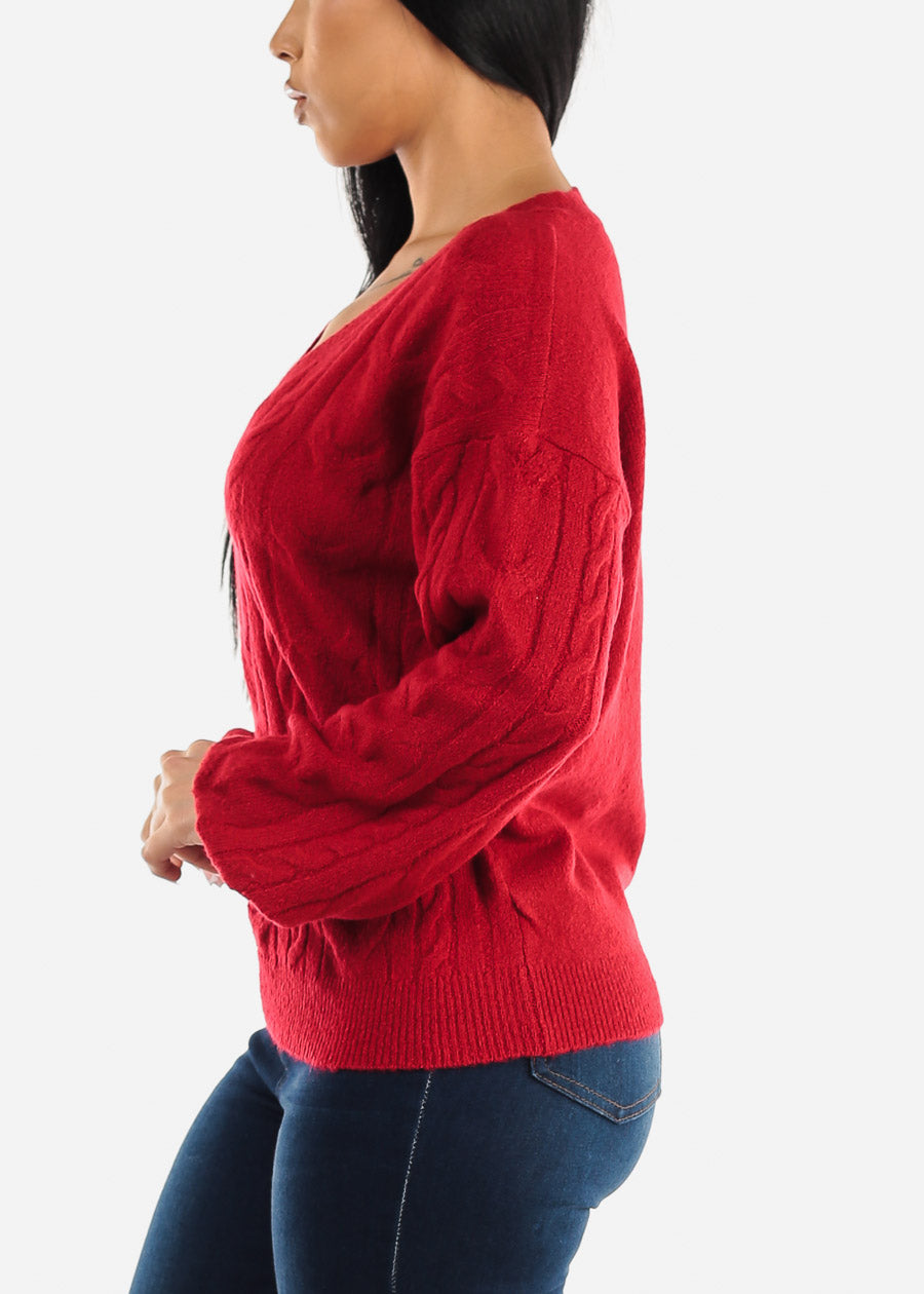 V-Neck Cable Knit Long Sleeve Mossy Sweater Red
