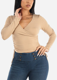 Long Sleeve Surplice Crop Top Beige w Ruched Sides