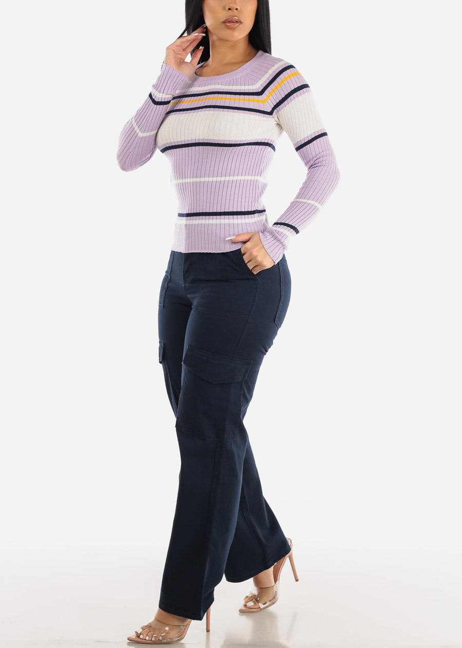 Long Sleeve Multi Stripe Sweater Lilac