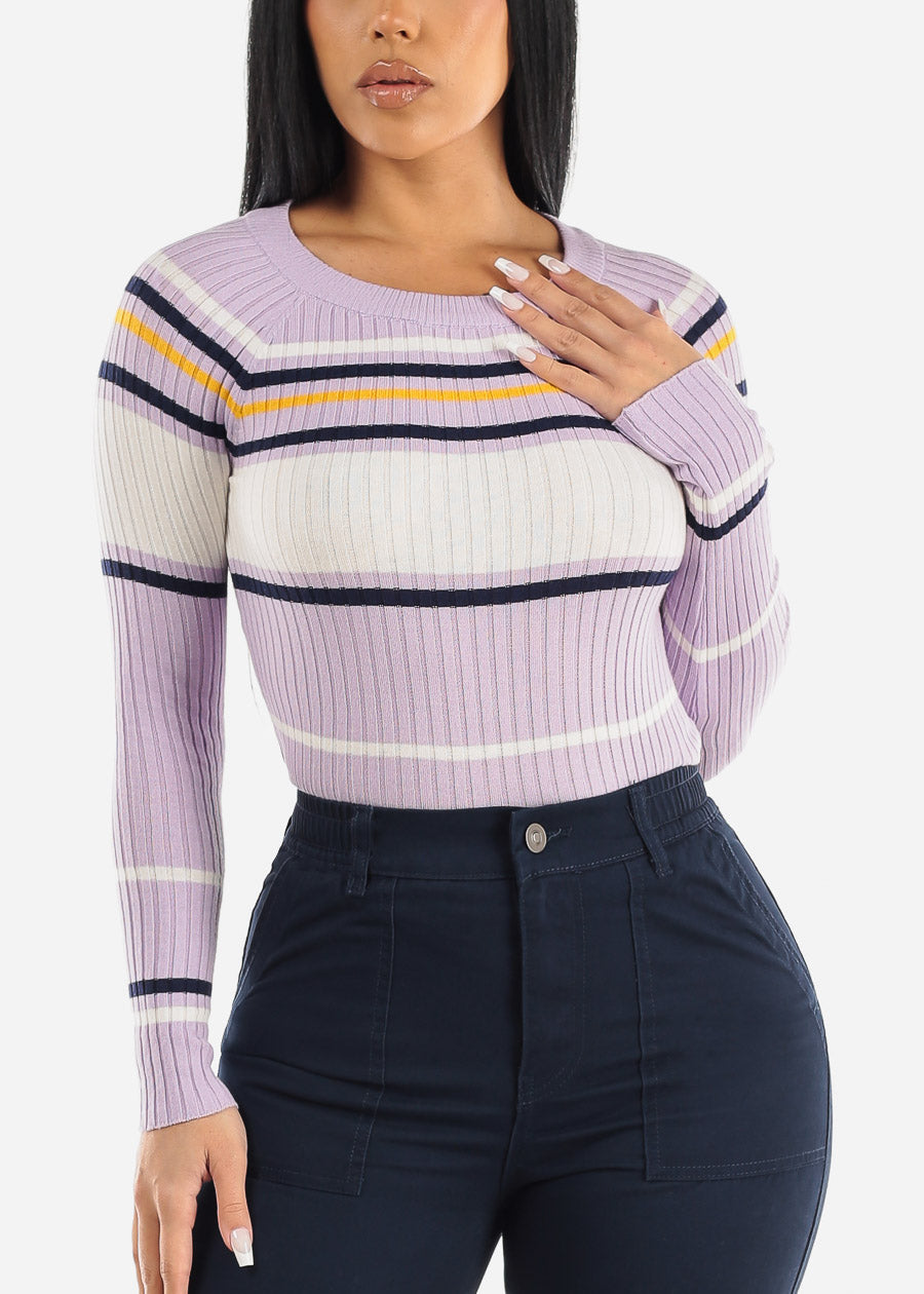Long Sleeve Multi Stripe Sweater Lilac