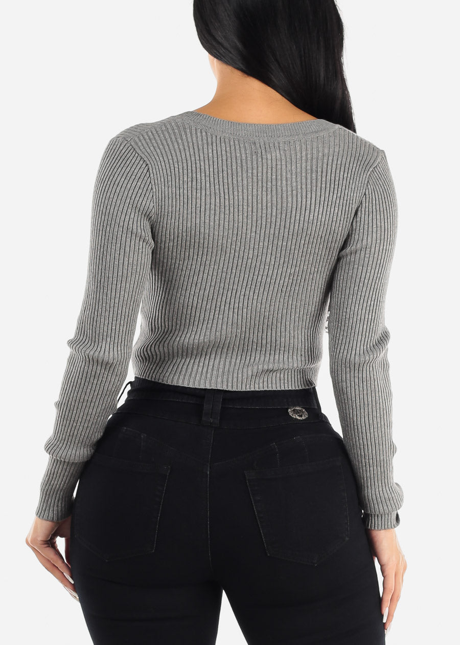 Grey Long Sleeve Ribbed Sweater Cropped Top