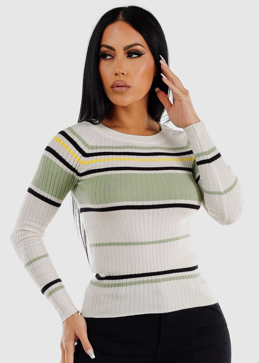 Long Sleeve Multi Stripe Sweater Sage