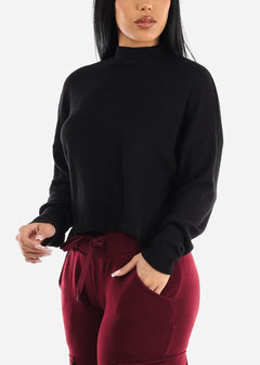 Black Long Sleeve Mock Neck Hacci Sweater Crop Top