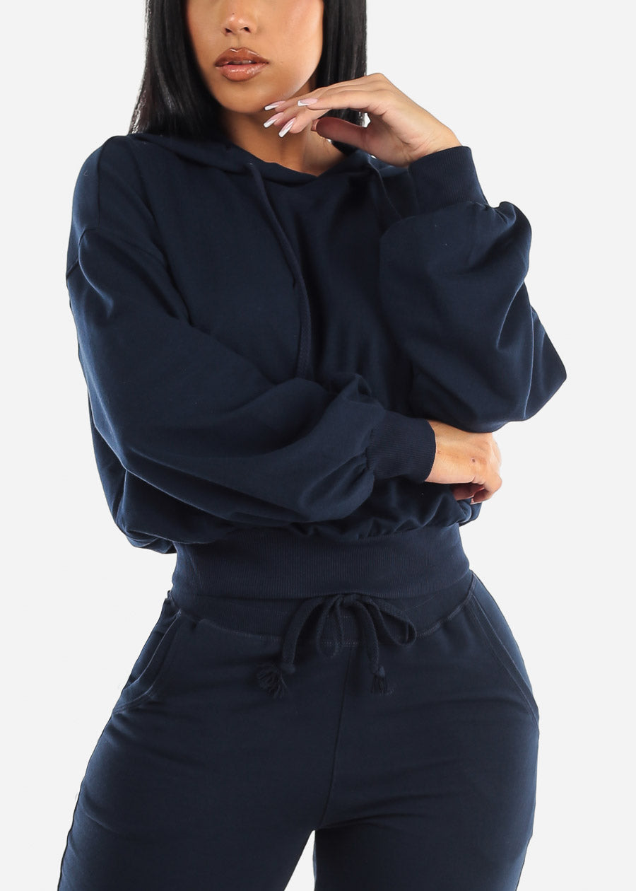 Classic French Terry Pullover Hoodie Navy w Balloon Sleeves