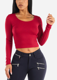 Red Ribbed Knit Long Sleeve Crop Top