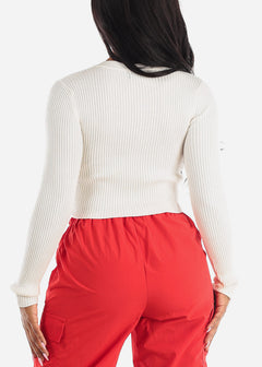 White Long Sleeve Ribbed Sweater Cropped Top