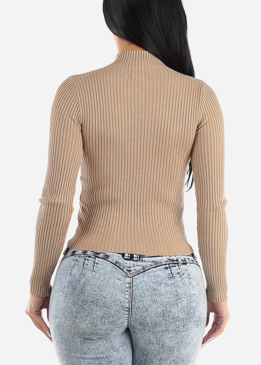 Long Sleeve Mock Neck Ribbed Sweater Taupe