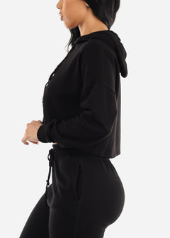 Black Long Sleeve Fleece Cropped Hoodie