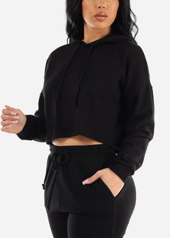 Black Long Sleeve Fleece Cropped Hoodie