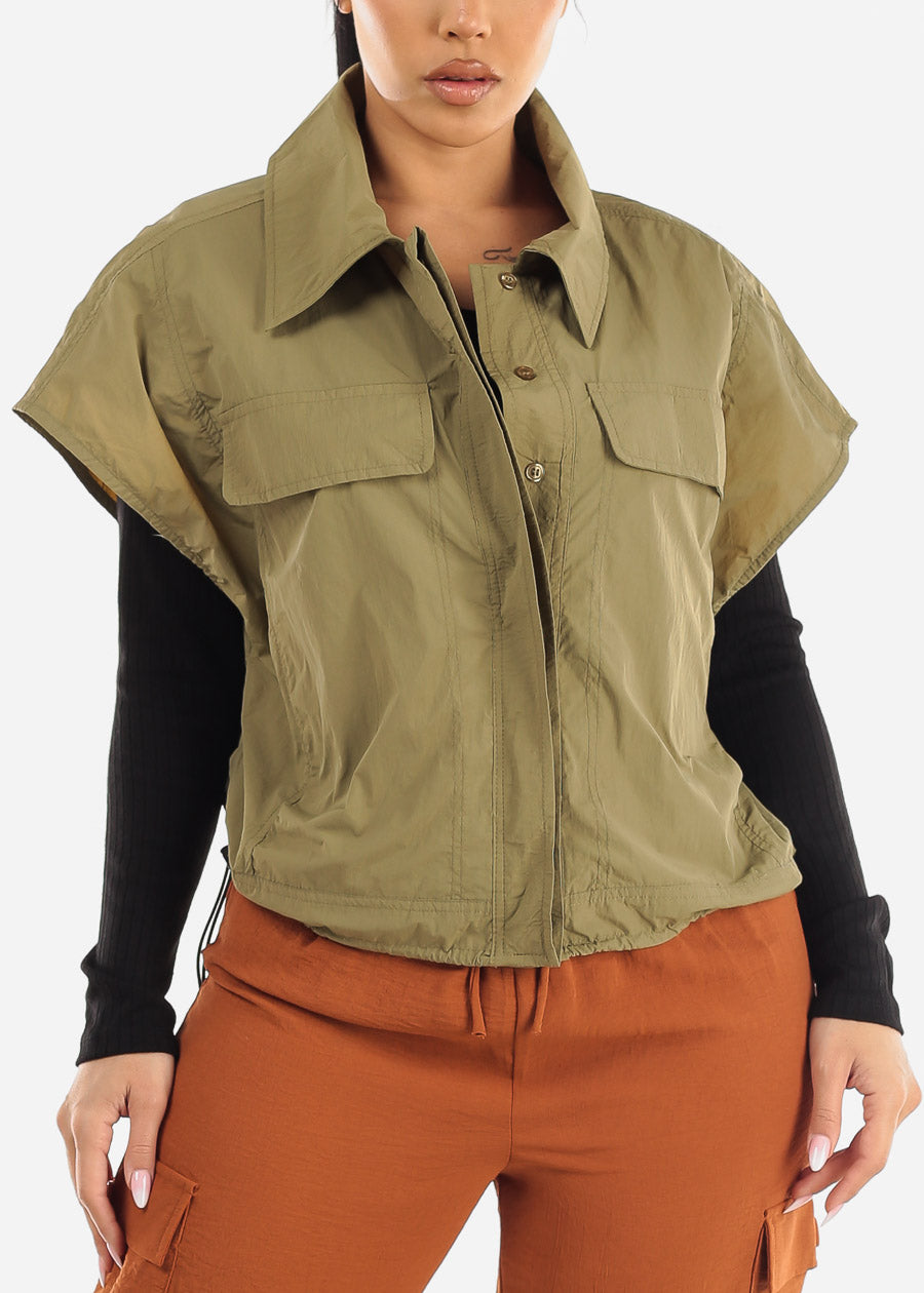 Sleeveless Button Up Windbreaker Jacket Olive