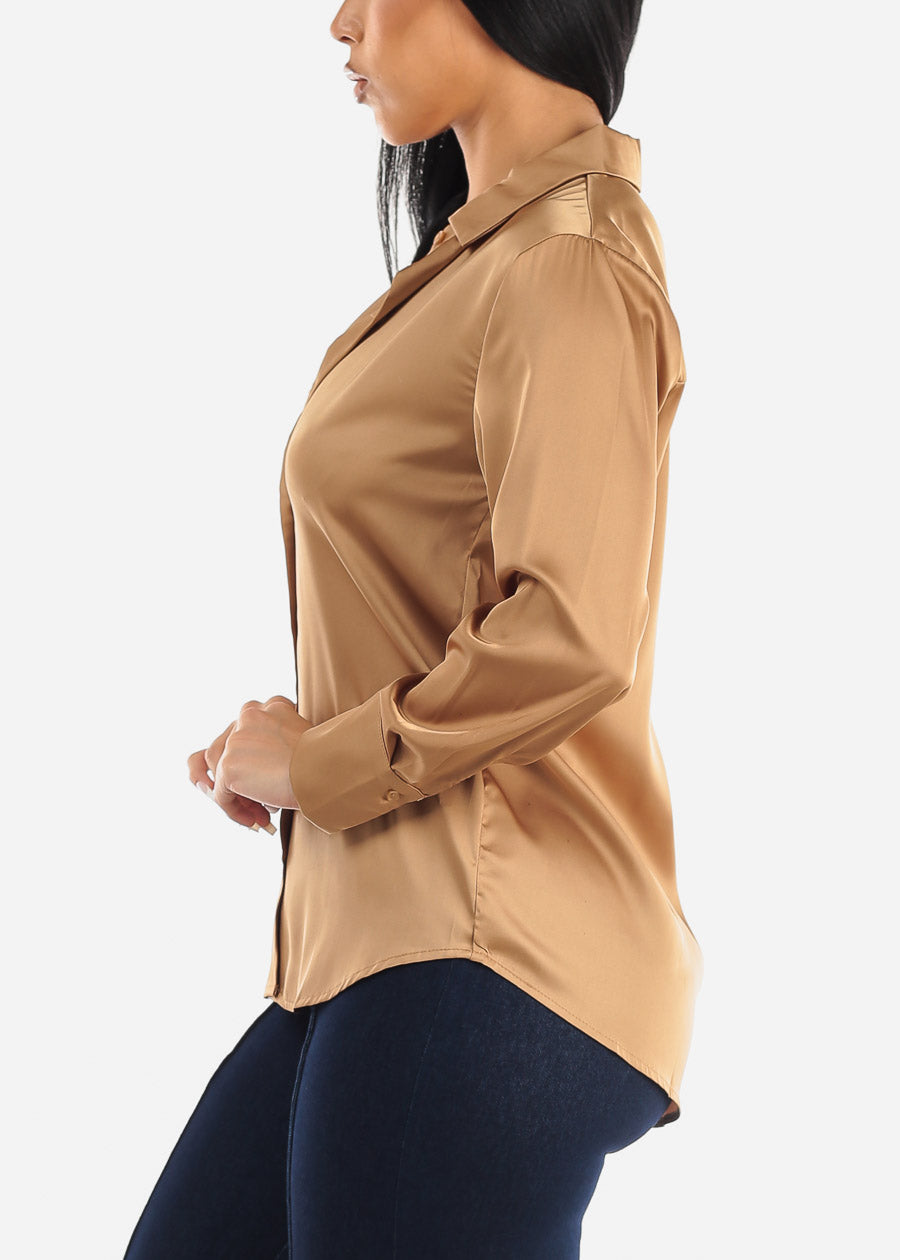 Satin Long Sleeve Button Down Collared Blouse Gold