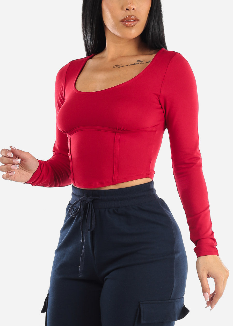 Long Sleeve Corset Style Crop Top Red