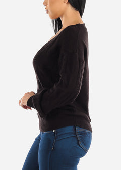 V-Neck Cable Knit Black Long Sleeve Mossy Sweater